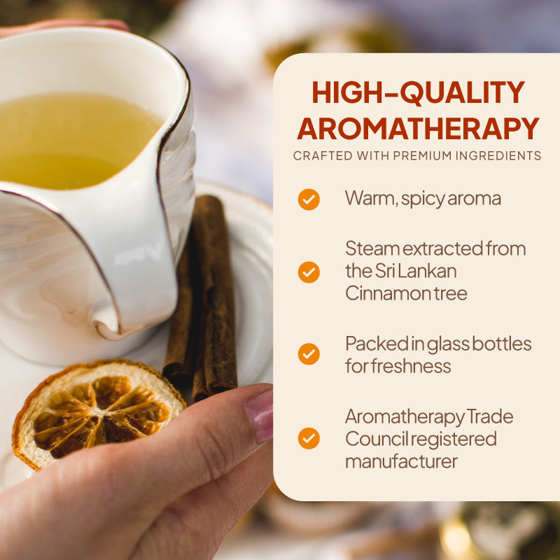 Simply Supplements Cinnamon Bark essential oil lifestyle graphic highlighting warm spicy aroma, Sri Lankan cinnamon tree sourcing, glass bottle packaging and Aromatherapy Trade Council registered manufacturer.