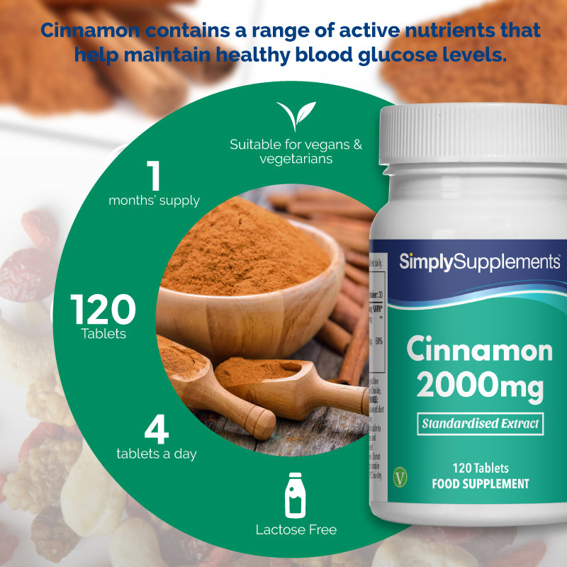 Simply Supplements Cinnamon 2000mg supplement with 120 tablets, 1 month’s supply, 4 tablets a day, lactose free, and suitable for vegans and vegetarians.