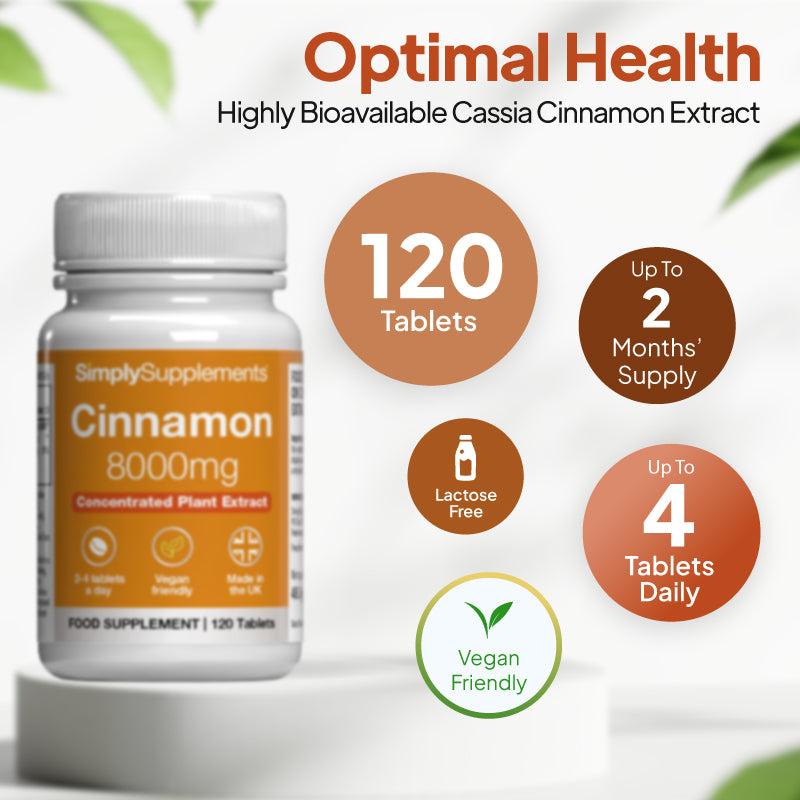 Simply Supplements Cinnamon 2000mg supplement with 120 tablets, 1 month’s supply, 4 tablets a day, lactose free, and suitable for vegans.