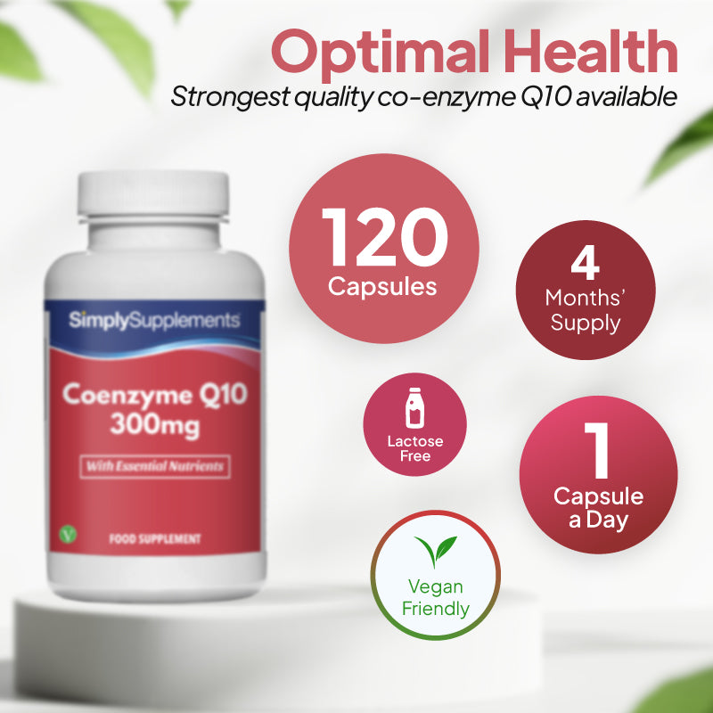 Simply Supplements Coenzyme Q10 300mg supplement with 120 capsules, up to 4 months’ supply, 1 capsule a day, lactose free, and suitable for vegans and vegetarians.