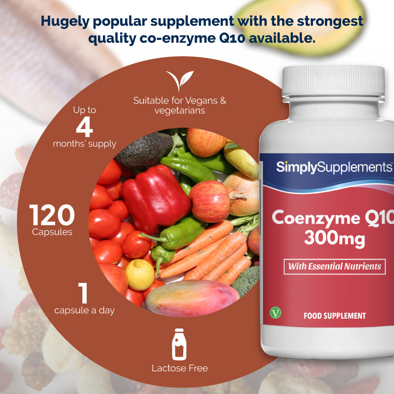 Simply Supplements Coenzyme Q10 300mg supplement with 120 capsules, up to 4 months’ supply, 1 capsule a day, lactose free, and suitable for vegans and vegetarians.