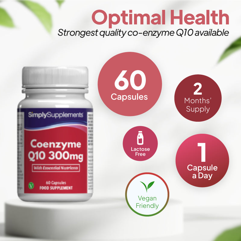 Simply Supplements Coenzyme Q10 300mg supplement with 60 capsules, up to 2 months’ supply, 1 capsule a day, lactose free, and suitable for vegans and vegetarians.
