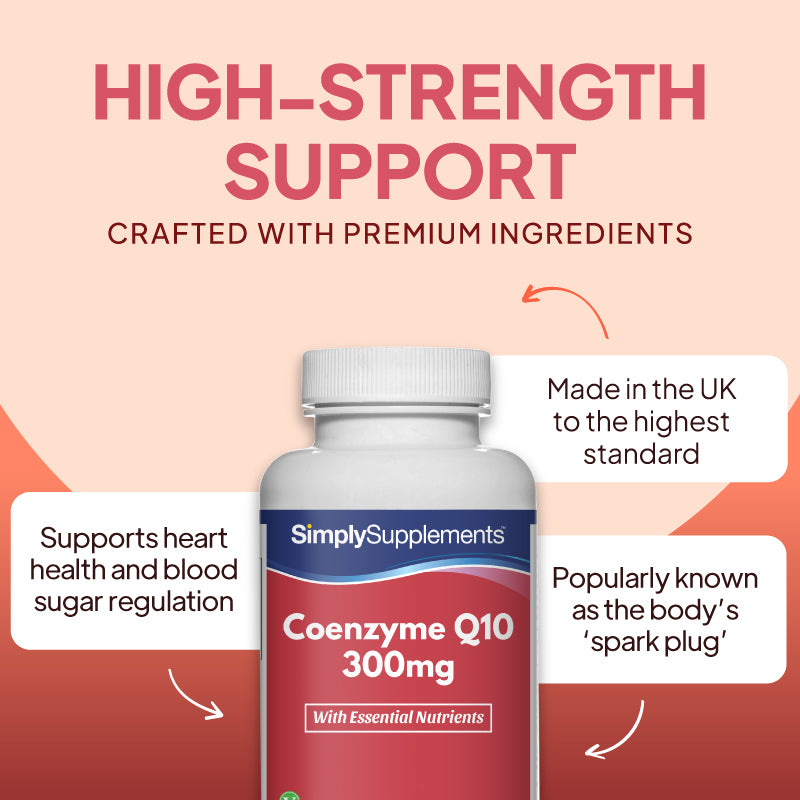 Simply Supplements Coenzyme Q10 300mg graphic highlighting heart health support, blood sugar regulation, UK-made quality, and premium active ingredients.