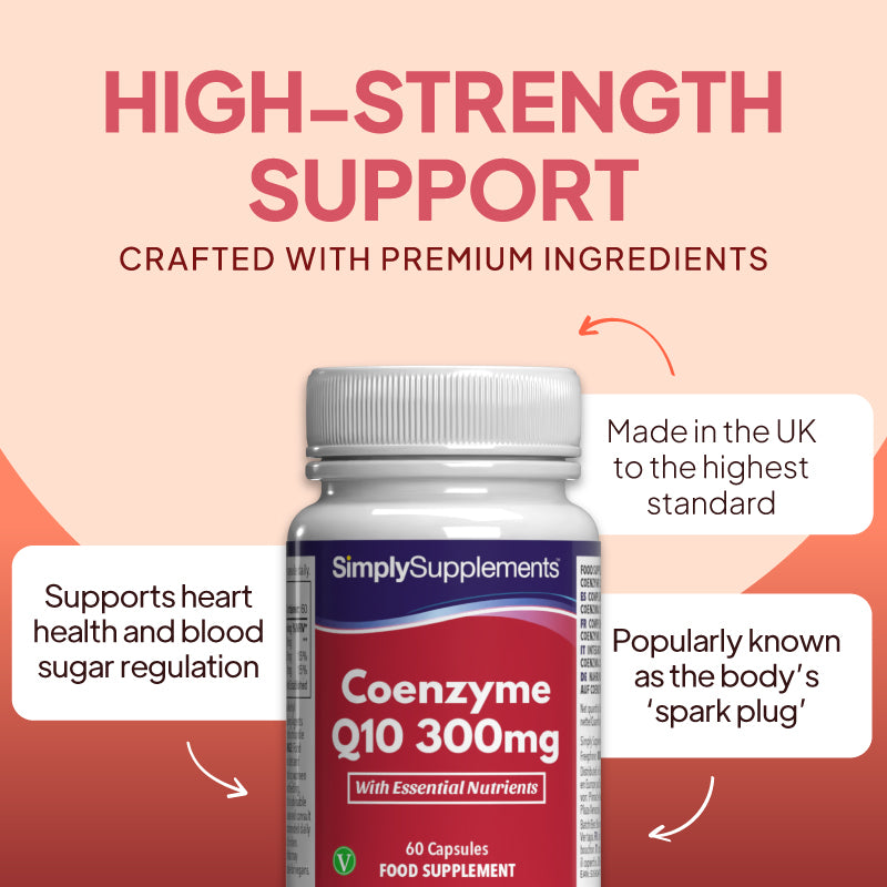 Simply Supplements Coenzyme Q10 300mg graphic highlighting heart health support, blood sugar regulation, UK-made quality, and premium active ingredients.