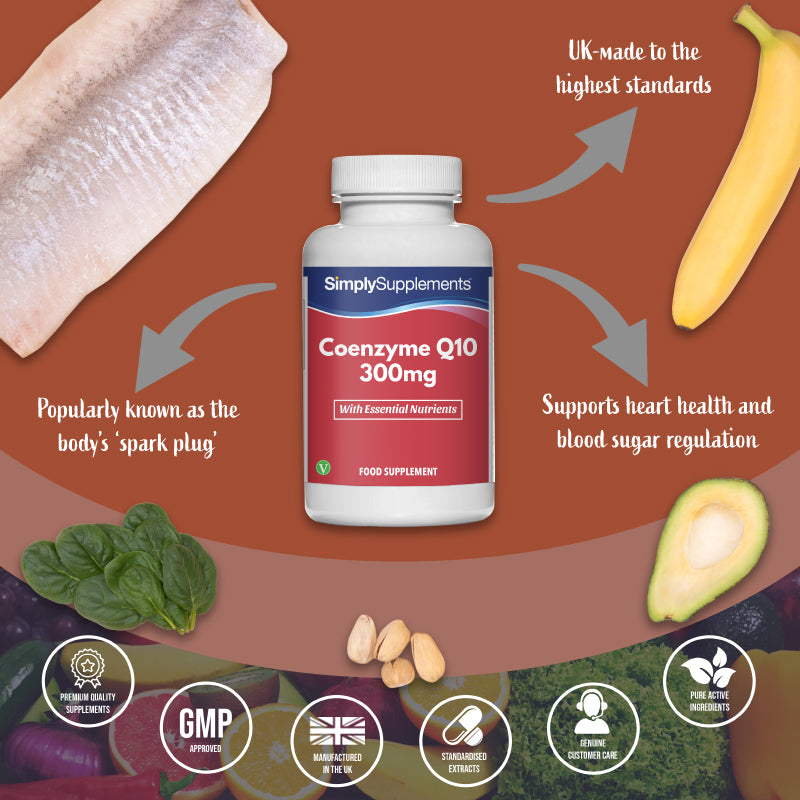 Simply Supplements Coenzyme Q10 300mg graphic highlighting heart health support, blood sugar regulation, UK-made quality, and premium active ingredients.