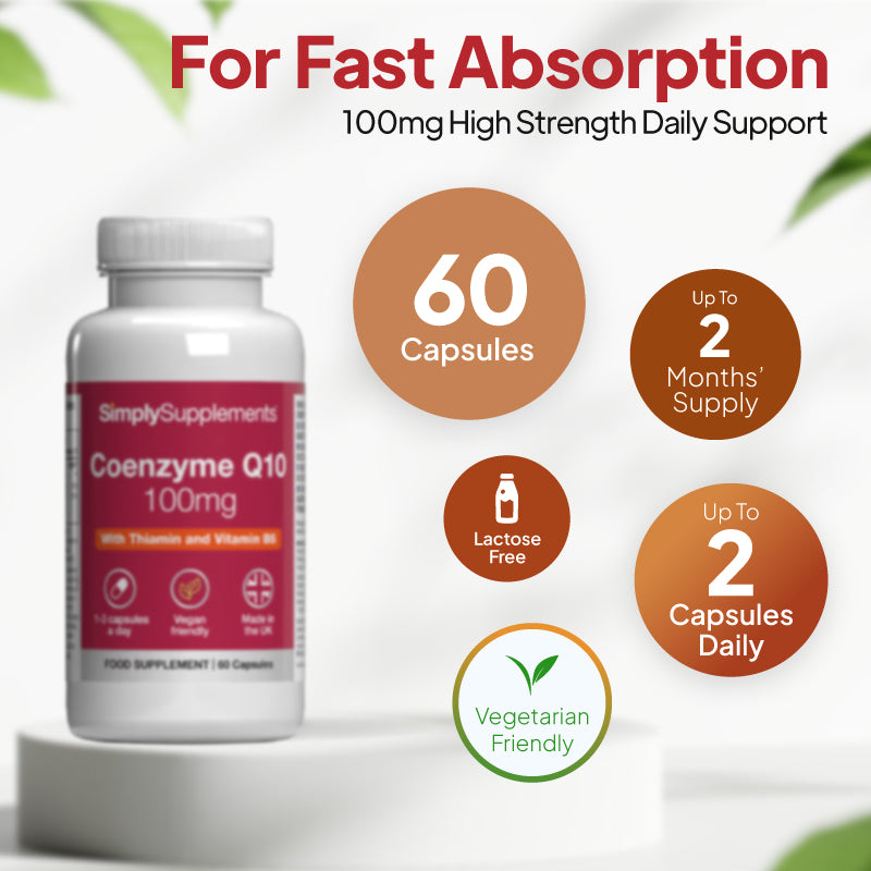Product infographic for Simply Supplements Coenzyme Q10 100mg showing 60 capsules, up to 2 months’ supply, lactose free, vegetarian friendly, and a suggested intake of up to 2 capsules daily.