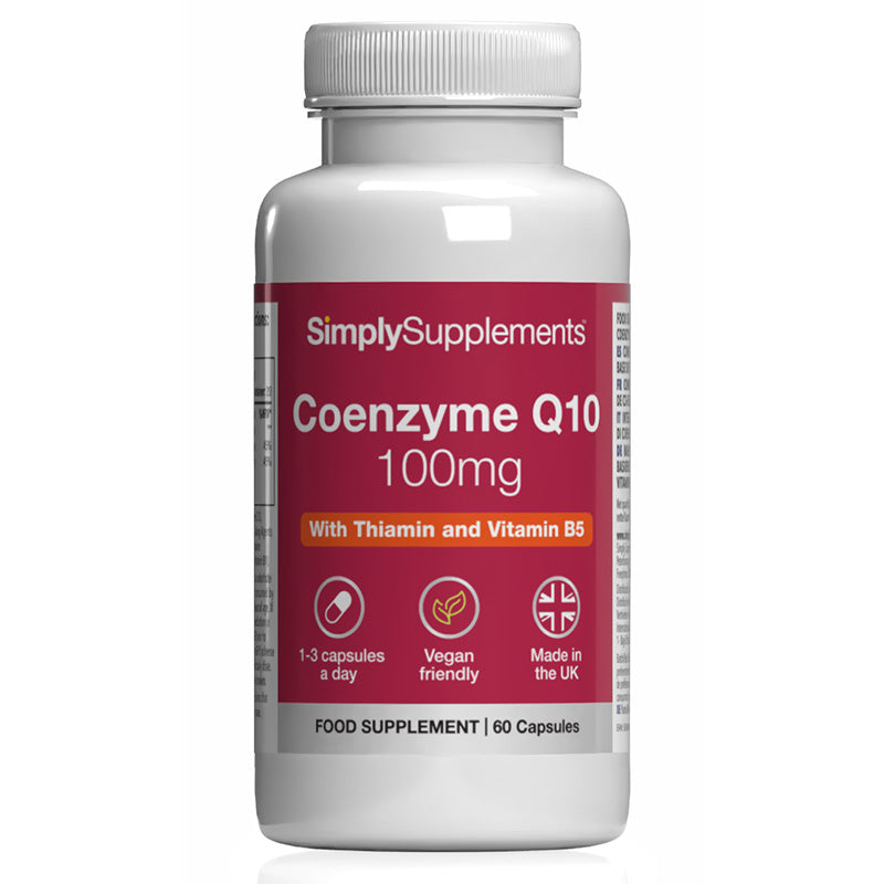 Simply Supplements Coenzyme Q10 100mg supplement bottle on a white background