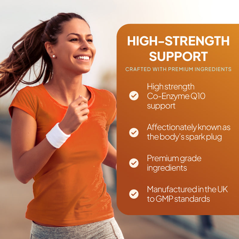 Lifestyle promotional graphic for Simply Supplements Coenzyme Q10 100mg showing a woman jogging beside text highlighting high-strength Co-Enzyme Q10 support, the phrase “the body’s spark plug,” premium grade ingredients, and UK manufacturing to GMP standards.