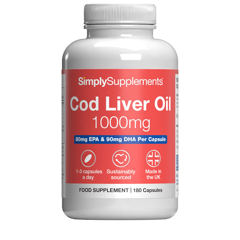 Bottle of Simply Supplements Cod Liver Oil 1000mg on a white background