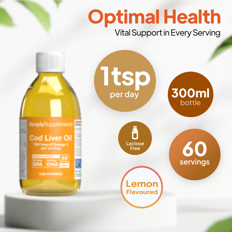 Cod liver oil supplement bottle image with 1 tsp per day, 300ml bottle, lactose free, 60 servings, and lemon flavoured
