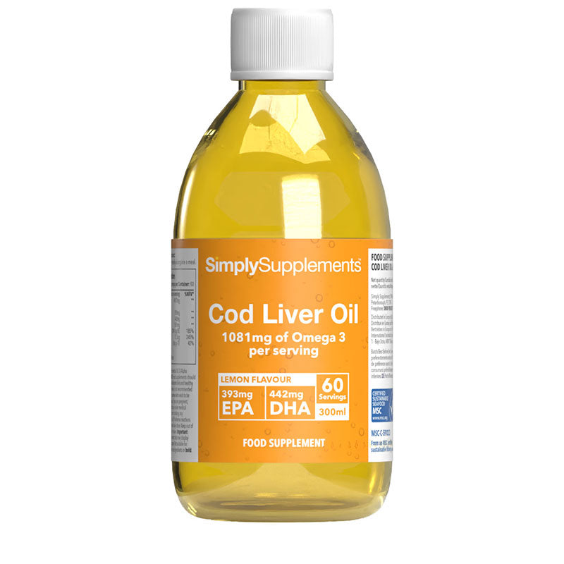 SimplySupplements Cod Liver Oil liquid food supplement with lemon flavour, 1081mg omega 3 per serving, 393mg EPA, 442mg DHA, 60 servings, and 300ml bottle