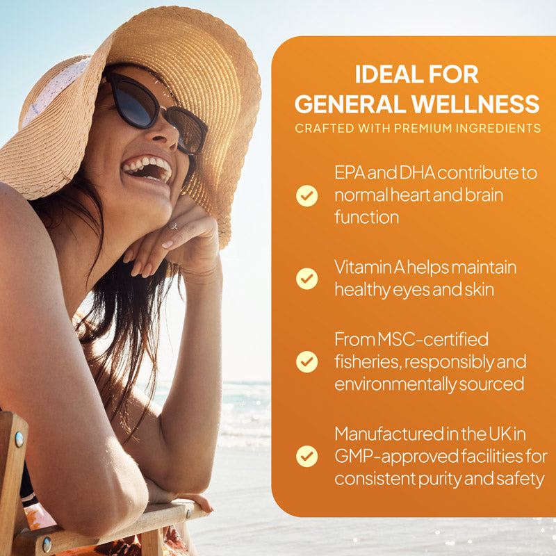 Cod liver oil supplement lifestyle benefits image showing claims about EPA and DHA for heart and brain function, vitamin A for healthy eyes and skin, MSC-certified fisheries, and UK GMP-approved manufacturing
