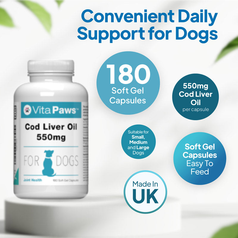 Dog cod liver oil supplement with 180 soft gel capsules, 550mg per capsule, made in the UK and suitable for small, medium and large dogs