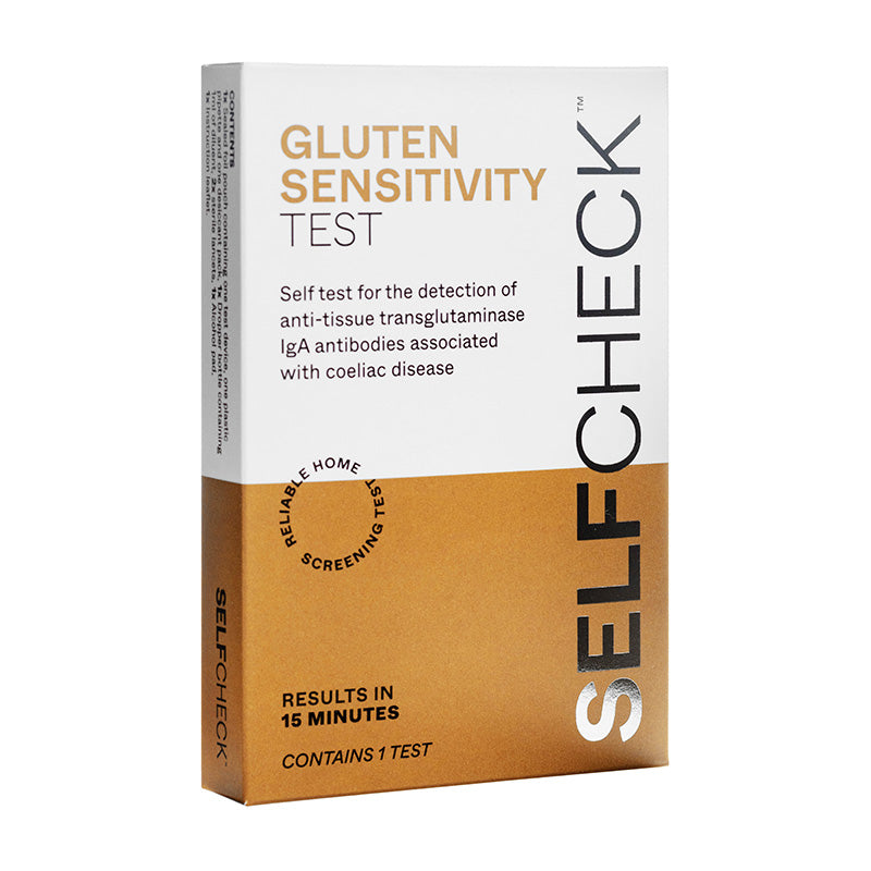 SELFCheck gluten sensitivity test packaging on a white background