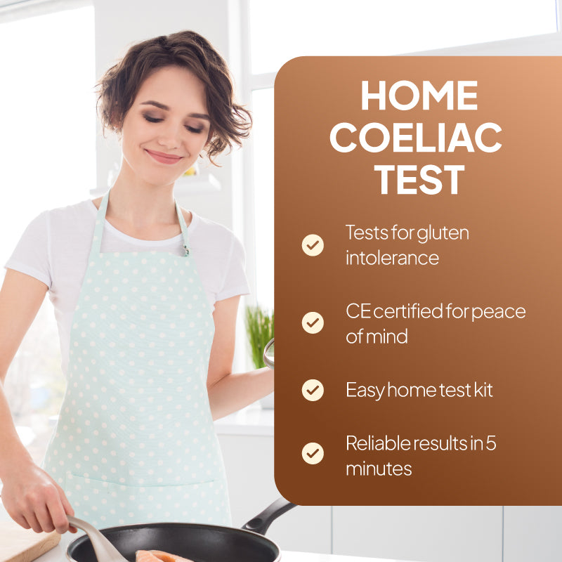 Lifestyle promotional graphic for the SELFCheck Gluten Sensitivity Test, showing a woman in a kitchen beside a brown text panel reading “Home Coeliac Test,” with points highlighting testing for gluten intolerance, CE certification for reassurance, an easy home test kit, and reliable results in 5 minutes.