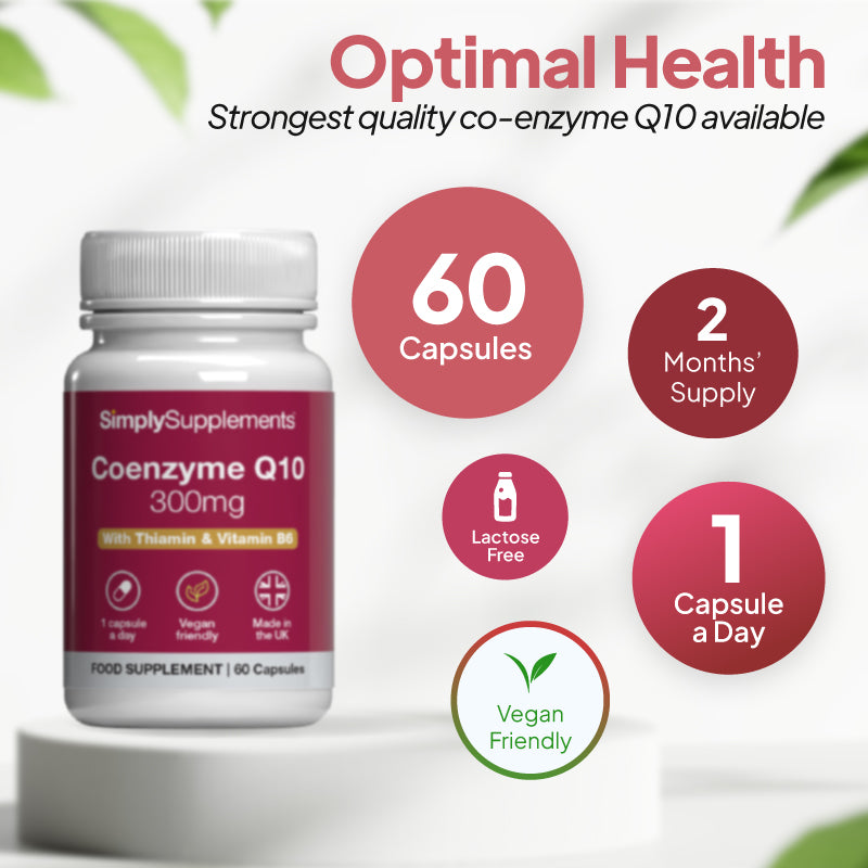 Simply Supplements Coenzyme Q10 300mg supplement with 60 capsules, up to 2 months’ supply, 1 capsule a day, lactose free, and suitable for vegans and vegetarians.