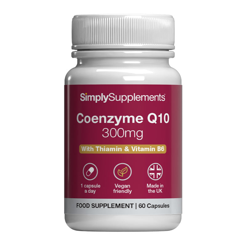 Simply Supplements Coenzyme Q10 300mg food supplement with essential nutrients.