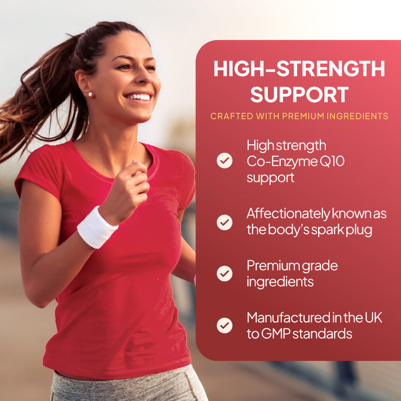 Simply Supplements Coenzyme Q10 300mg graphic highlighting heart health support, blood sugar regulation, UK-made quality, and premium active ingredients.