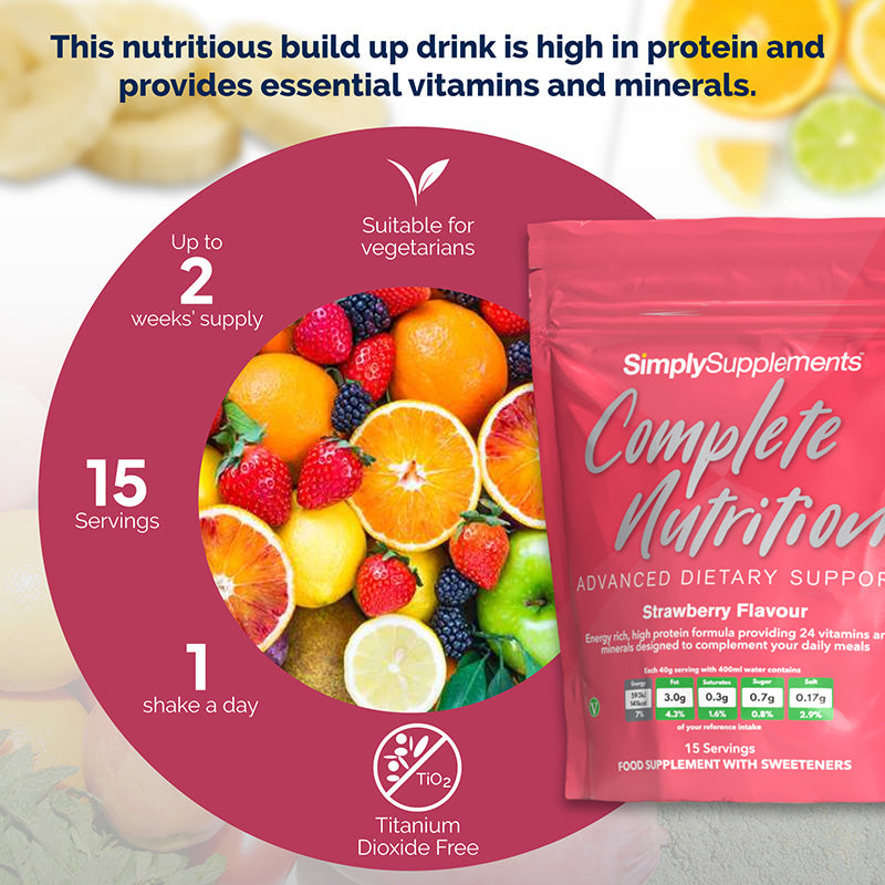 Product infographic for Simply Supplements Complete Nutrition Strawberry Flavour showing a pink pouch beside fruit imagery and text stating it is a nutritious build-up drink high in protein, with essential vitamins and minerals, 15 servings, suitable for vegetarians, one shake a day, up to two weeks’ supply, and titanium dioxide free.