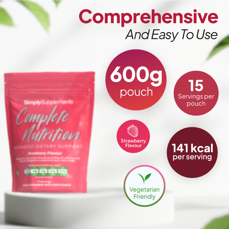 Product infographic for Simply Supplements Complete Nutrition Strawberry Flavour showing a pink pouch beside fruit imagery and text stating it is a nutritious build-up drink high in protein, with essential vitamins and minerals, 15 servings, suitable for vegetarians, one shake a day.