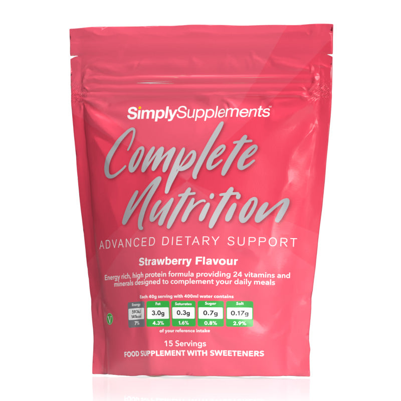 Pink package of Simply Supplements Complete Nutrition with strawberry flavour on a white background
