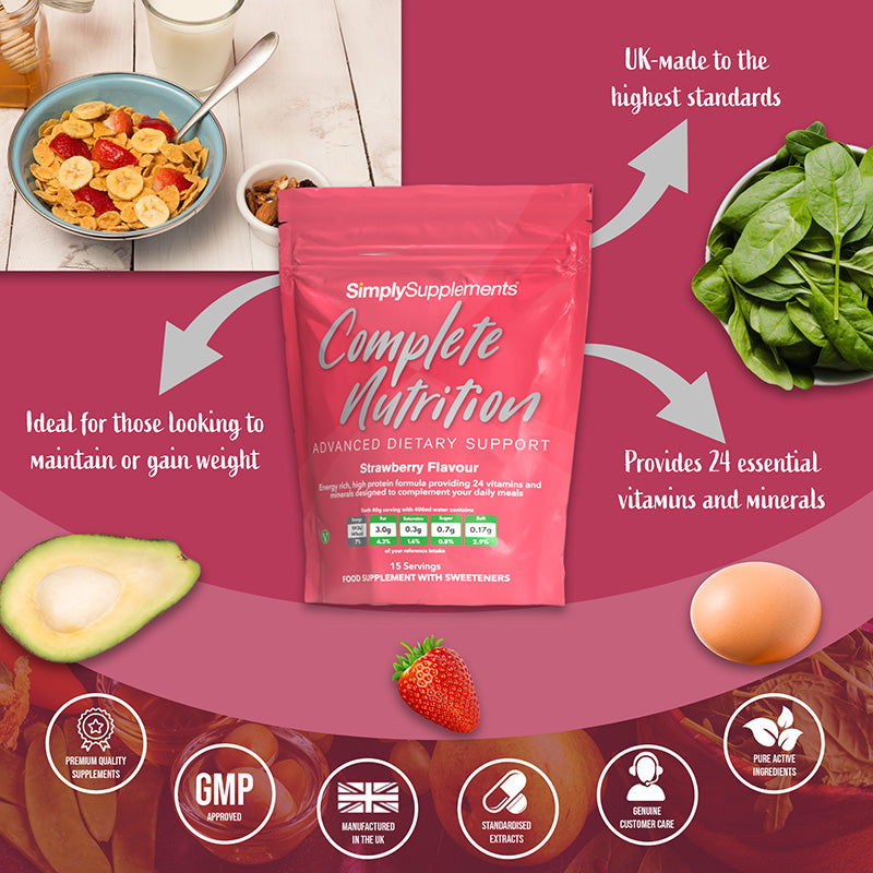 Promotional graphic for Simply Supplements Complete Nutrition Strawberry Flavour showing the pouch surrounded by foods such as spinach, egg, avocado, cereal and strawberry, with text highlighting UK-made quality, support for maintaining or gaining weight, and 24 essential vitamins and minerals, plus icons for GMP approved and manufactured in the UK.