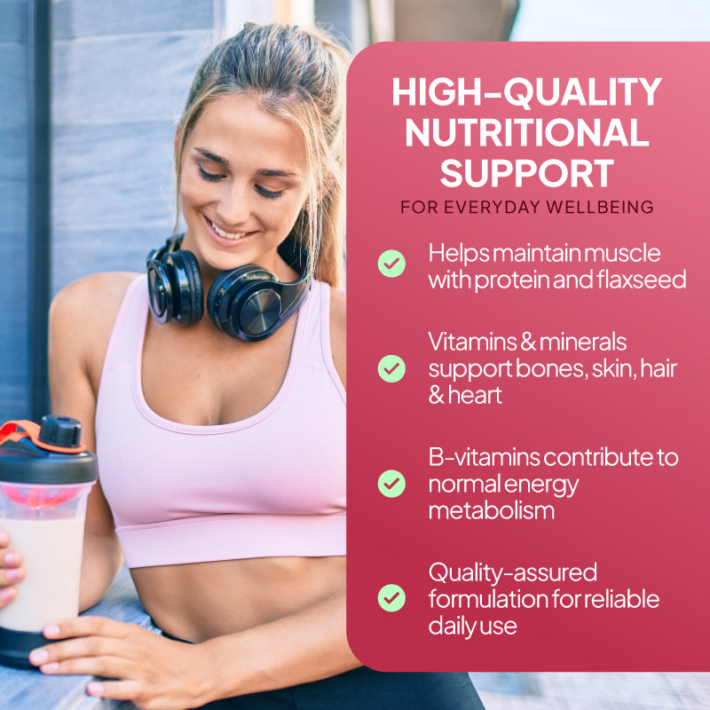Promotional graphic for Simply Supplements Complete Nutrition Strawberry Flavour showing the pouch surrounded by foods such as spinach, egg, avocado, cereal and strawberry, with text highlighting UK-made quality, support for maintaining or gaining weight, and 24 essential vitamins and minerals, plus icons for GMP approved and manufactured in the UK.