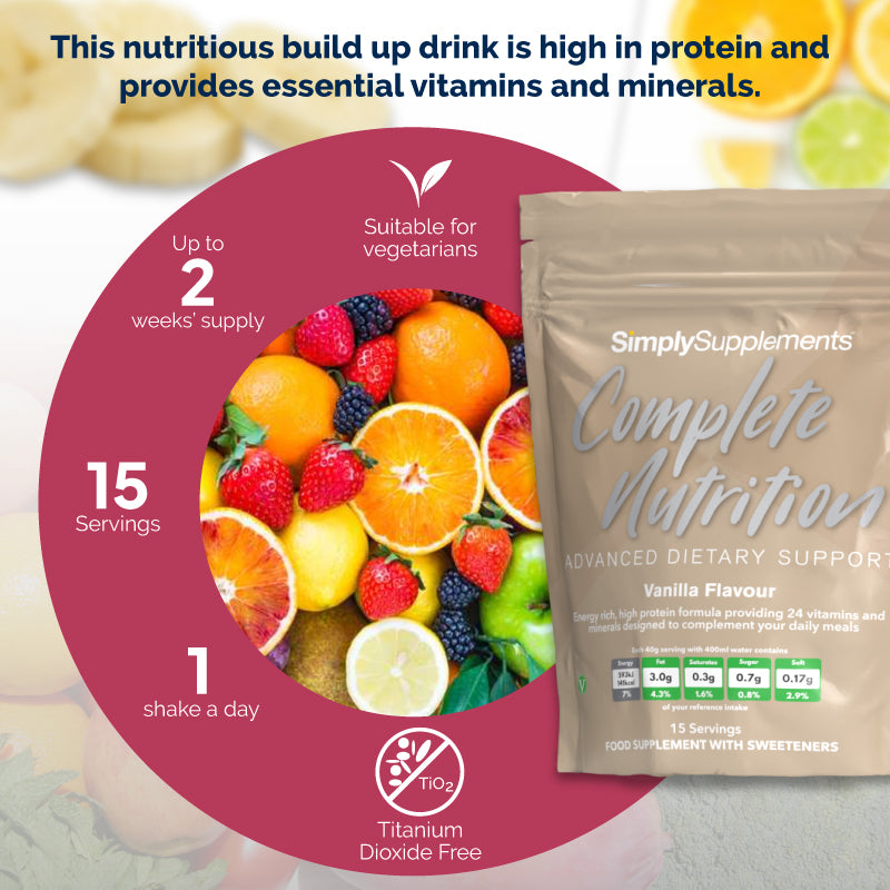 Product infographic for Simply Supplements Complete Nutrition Vanilla Flavour, showing the pouch next to a circular layout with fruit imagery and text noting 15 servings, up to 2 weeks’ supply, 1 shake a day, suitable for vegetarians, and titanium dioxide free, with a headline describing it as a high-protein nutritious build-up drink with essential vitamins and minerals.
