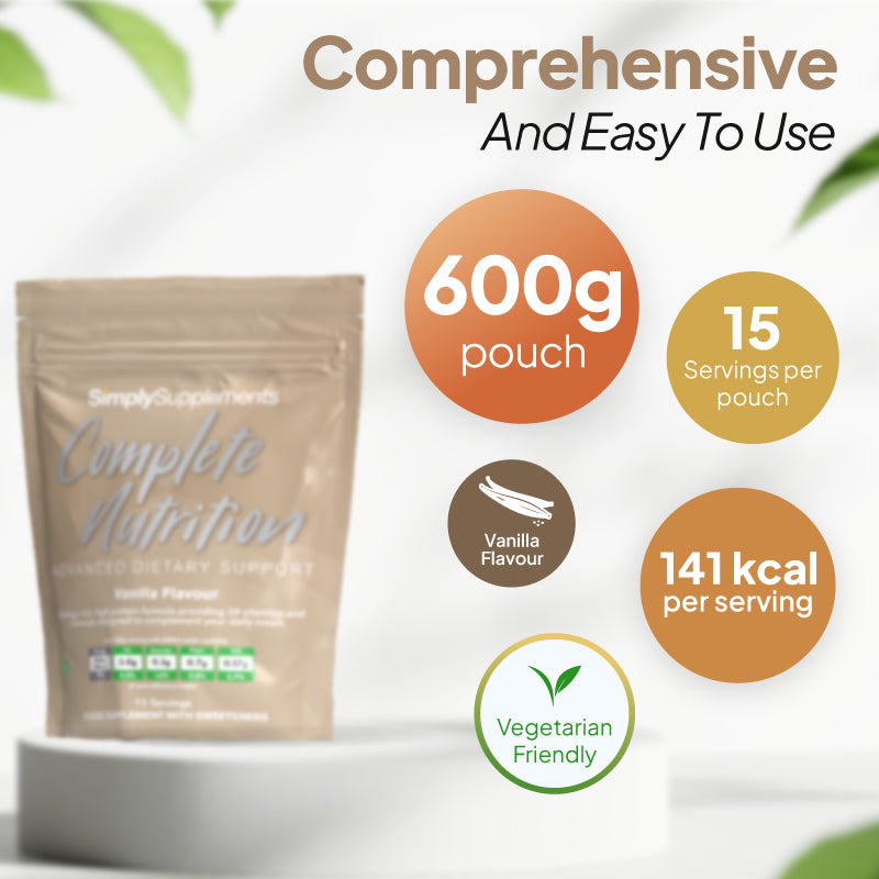 Product infographic for Simply Supplements Complete Nutrition Vanilla Flavour, showing the pouch next to a circular layout with fruit imagery and text noting 15 servings, , 1 shake a day, suitable for vegetarians, 141 cals per serving
