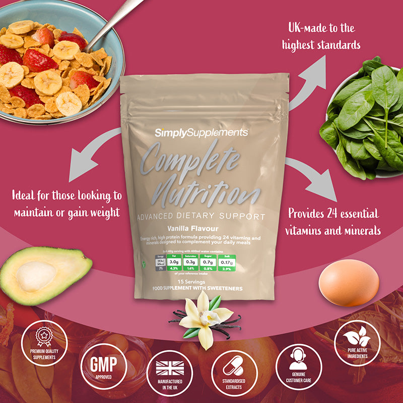 Promotional product graphic for Simply Supplements Complete Nutrition Vanilla Flavour, showing the pouch centered on a pink background with arrows and food imagery including cereal, spinach, avocado, egg, and vanilla, with text stating it is ideal for those looking to maintain or gain weight, provides 24 essential vitamins and minerals, and is UK-made to high standards.
