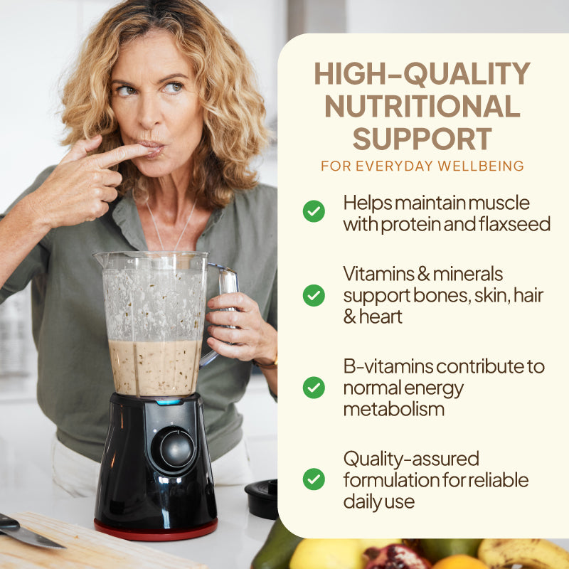 Promotional product graphic for Simply Supplements Complete Nutrition Vanilla Flavour, showing a lady tasting the shake. With benefits at the side highlight it helps maintain muscles, includes vitamins and minerals to support bones, hair and heart