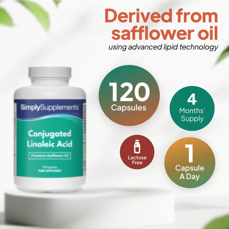 Supplement bottle labeled 'Simply Supplements' with information on safflower oil and capsule details.
