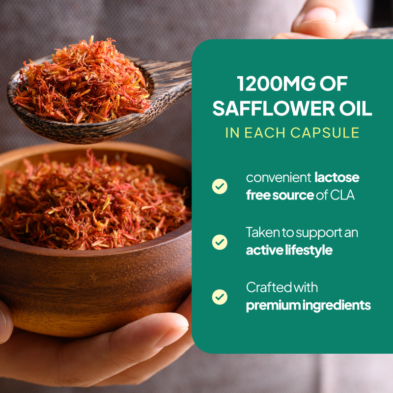 Safflower oil in a wooden bowl with text about its benefits on a green background