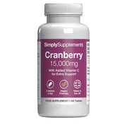 Supplement bottle labeled 'SimplySupplements Cranberry 15,000mg' on a white background