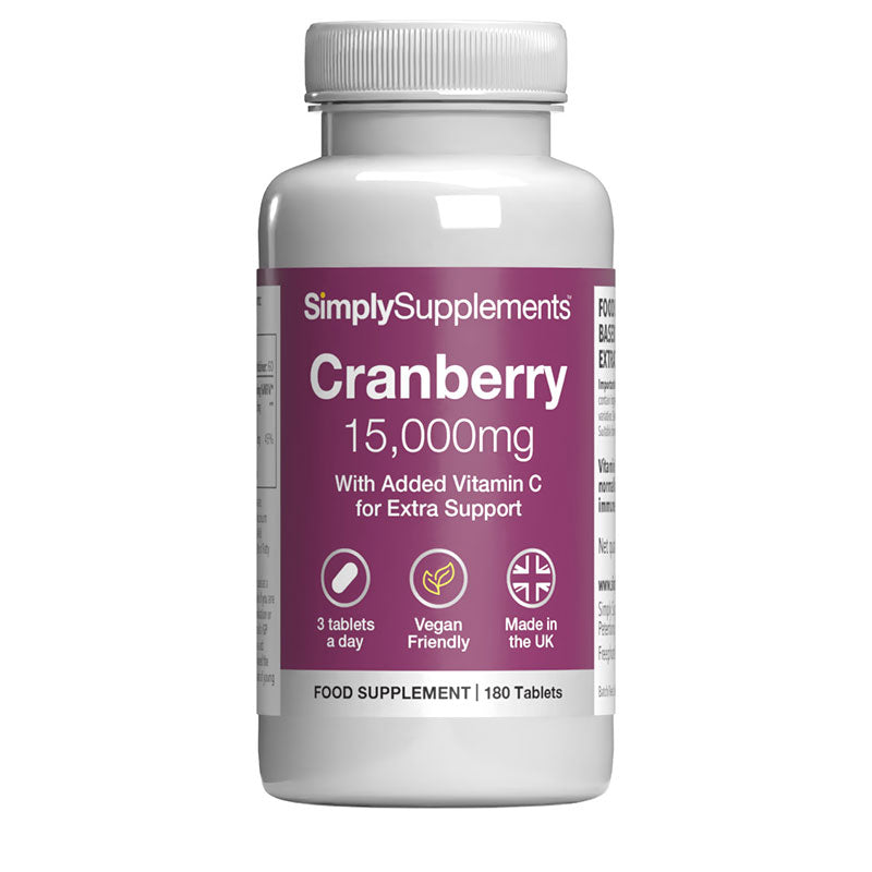 Supplement bottle labeled 'SimplySupplements Cranberry 15,000mg' on a white background