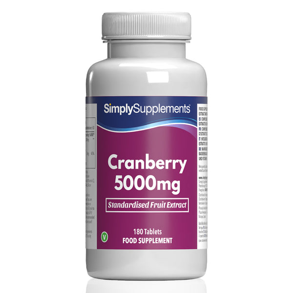 Supplement bottle labeled 'SimplySupplements Cranberry 15,000mg' on a white background