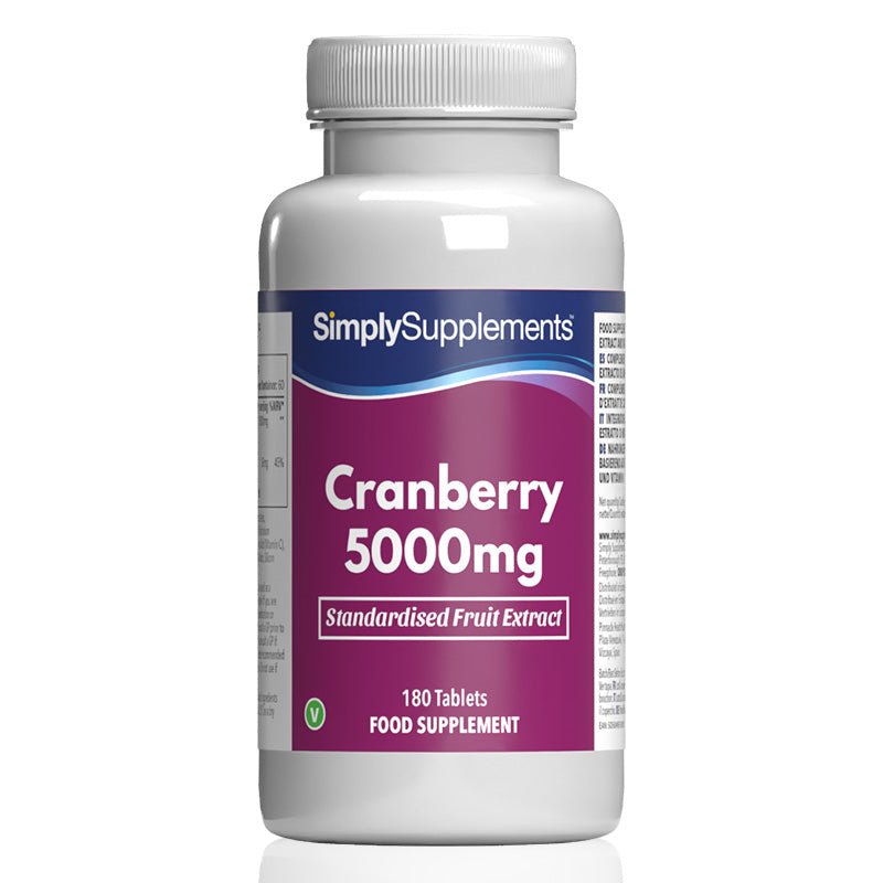 Supplement bottle labeled 'SimplySupplements Cranberry 15,000mg' on a white background