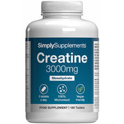 Supplement bottle labeled 'SimplySupplements Creatine 3000mg' on a white background