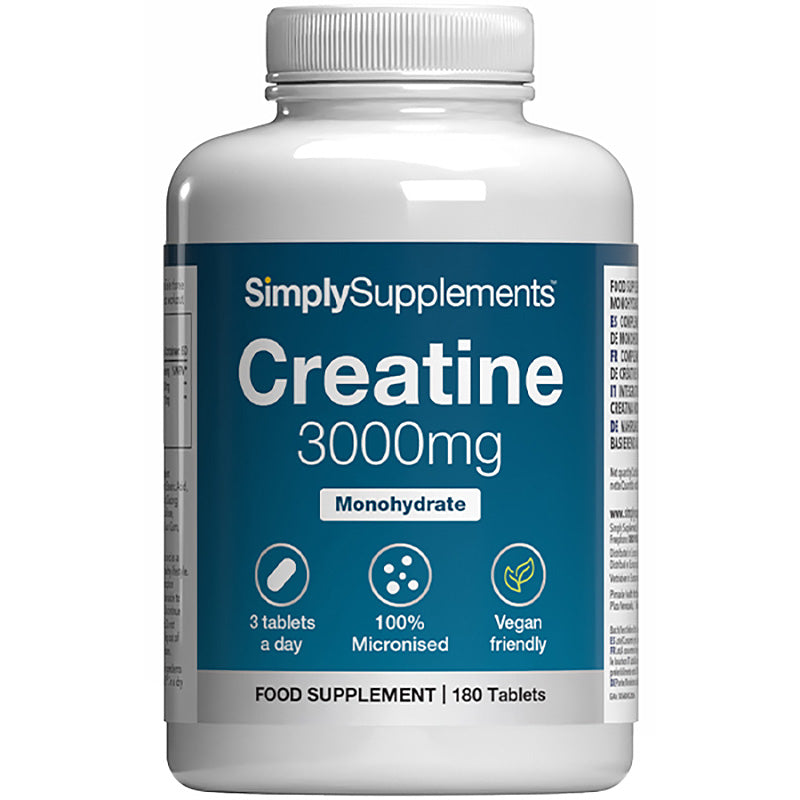 Supplement bottle labeled 'SimplySupplements Creatine 3000mg' on a white background