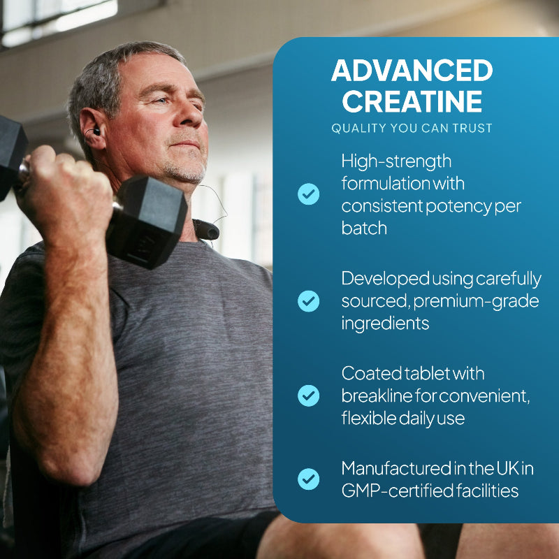 Simply Supplements Creatine 3000mg advanced creatine lifestyle graphic highlighting high-strength formulation, premium-grade ingredients, coated tablets with breakline and UK GMP-certified manufacturing.