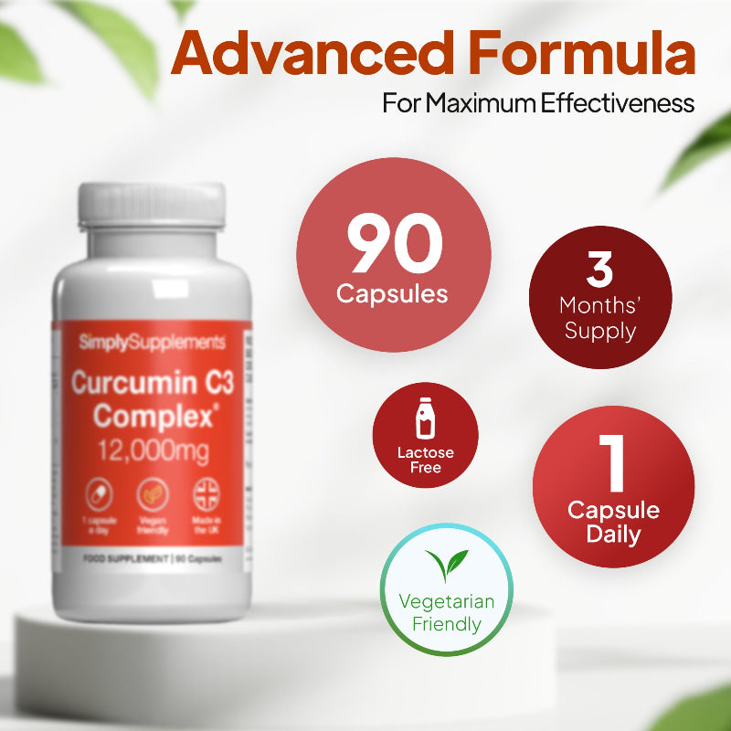 Simply Supplements Curcumin C3 Complex 12,000mg supplement graphic showing 90 capsules, 3 months supply, 1 capsule daily, lactose free formula and vegetarian friendly convenience.