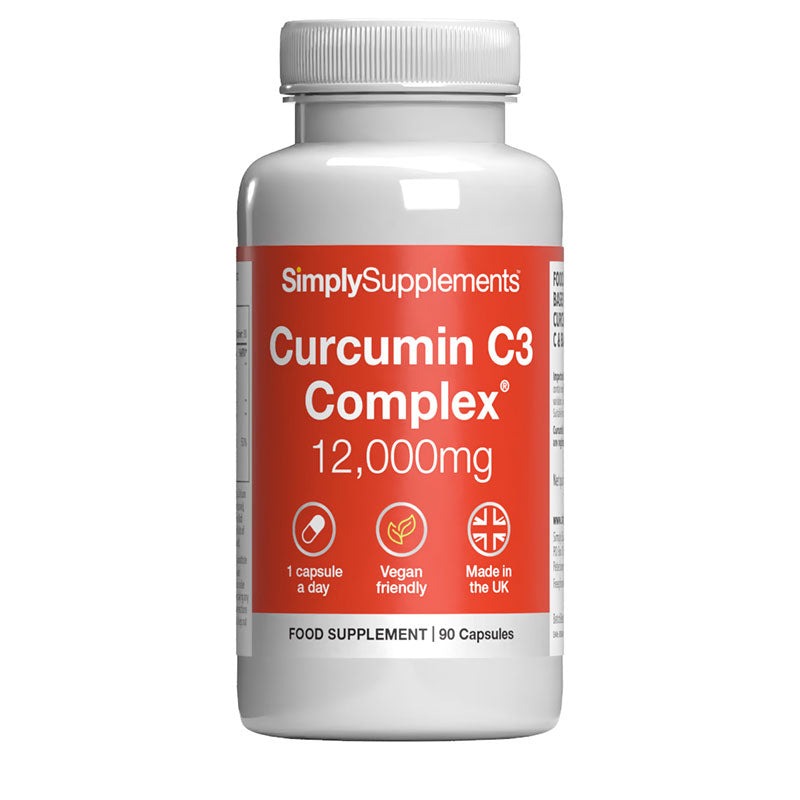 Front label of Simply Supplements Curcumin C3 Complex 12,000mg food supplement, showing 90 capsules, vegan friendly formula and made in the UK.