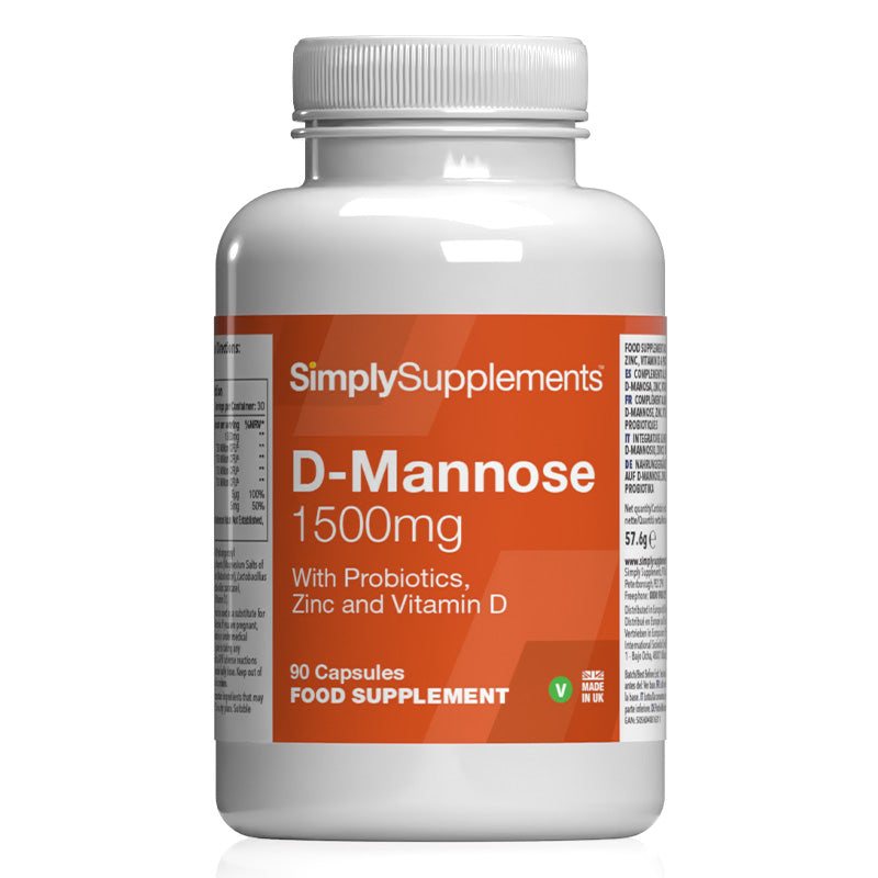 Supplement bottle labeled 'D-Mannose 1500mg' by SimplySupplements on a white background