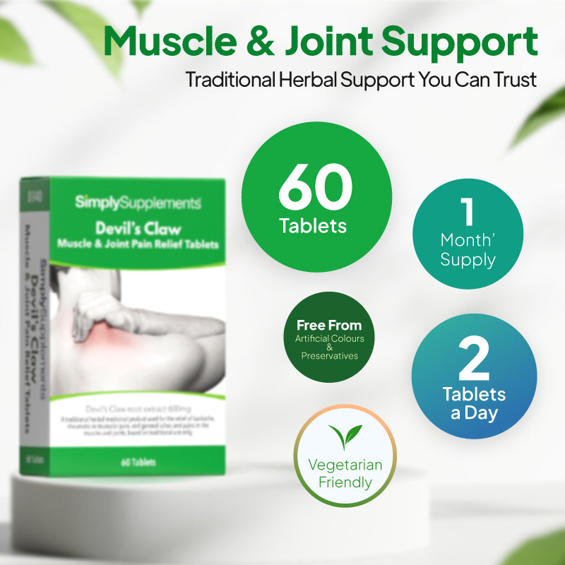 Product infographic for SimplySupplements Devil’s Claw tablets, showing the box on a white pedestal against a light background with green and blue circular callouts under the heading “Muscle & Joint Support” and subheading “Traditional Herbal Support You Can Trust,” highlighting 60 tablets, 1 month’s supply, free from artificial colours and preservatives, vegetarian friendly, and 2 tablets a day.