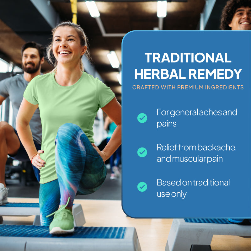 Lifestyle promotional graphic for Devil’s Claw tablets, showing a smiling woman exercising in a gym beside a blue text panel reading “Traditional Herbal Remedy,” with points highlighting use for general aches and pains, relief from backache and muscular pain, and traditional herbal use.