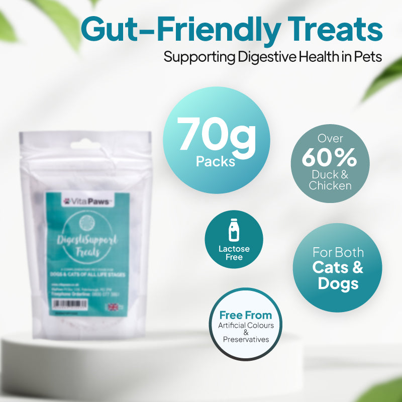 Digestive support treats for cats and dogs in a 70g pack with over 60% duck and chicken, lactose-free formula and no artificial colours or preservatives