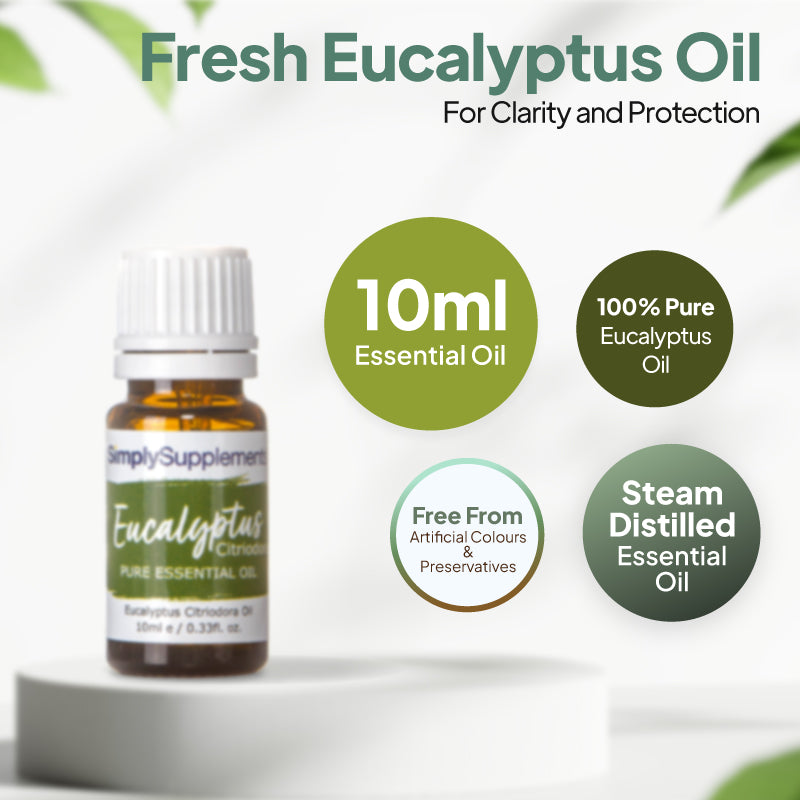 Simply Supplements Eucalyptus essential oil graphic showing 10ml total, 100 percent pure eucalyptus oil, steam-distilled formula and free from artificial colours and preservatives.