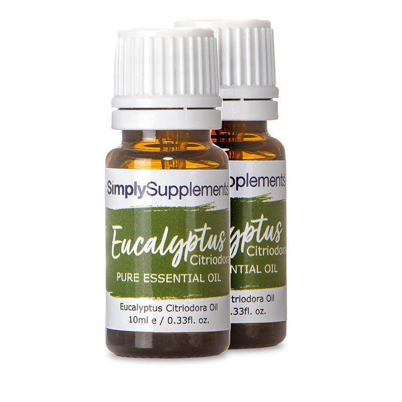Two bottles of Simply Supplements Eucalyptus Citriodora essential oil on a white background