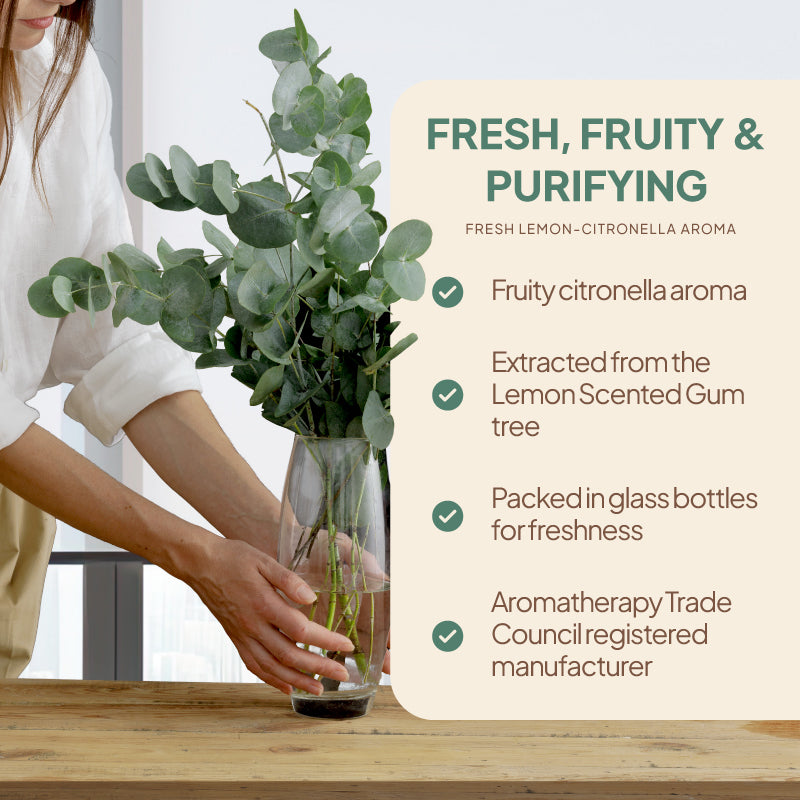 Simply Supplements Eucalyptus essential oil lifestyle graphic highlighting fruity citronella aroma, lemon-scented gum tree origin, glass bottle packaging and Aromatherapy Trade Council registered manufacturer.