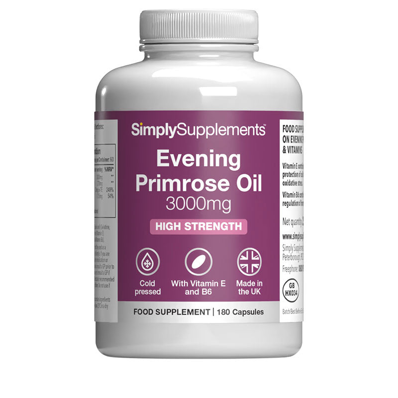 Supplement bottle of Simply Supplements Evening Primrose Oil 3000mg on a white background